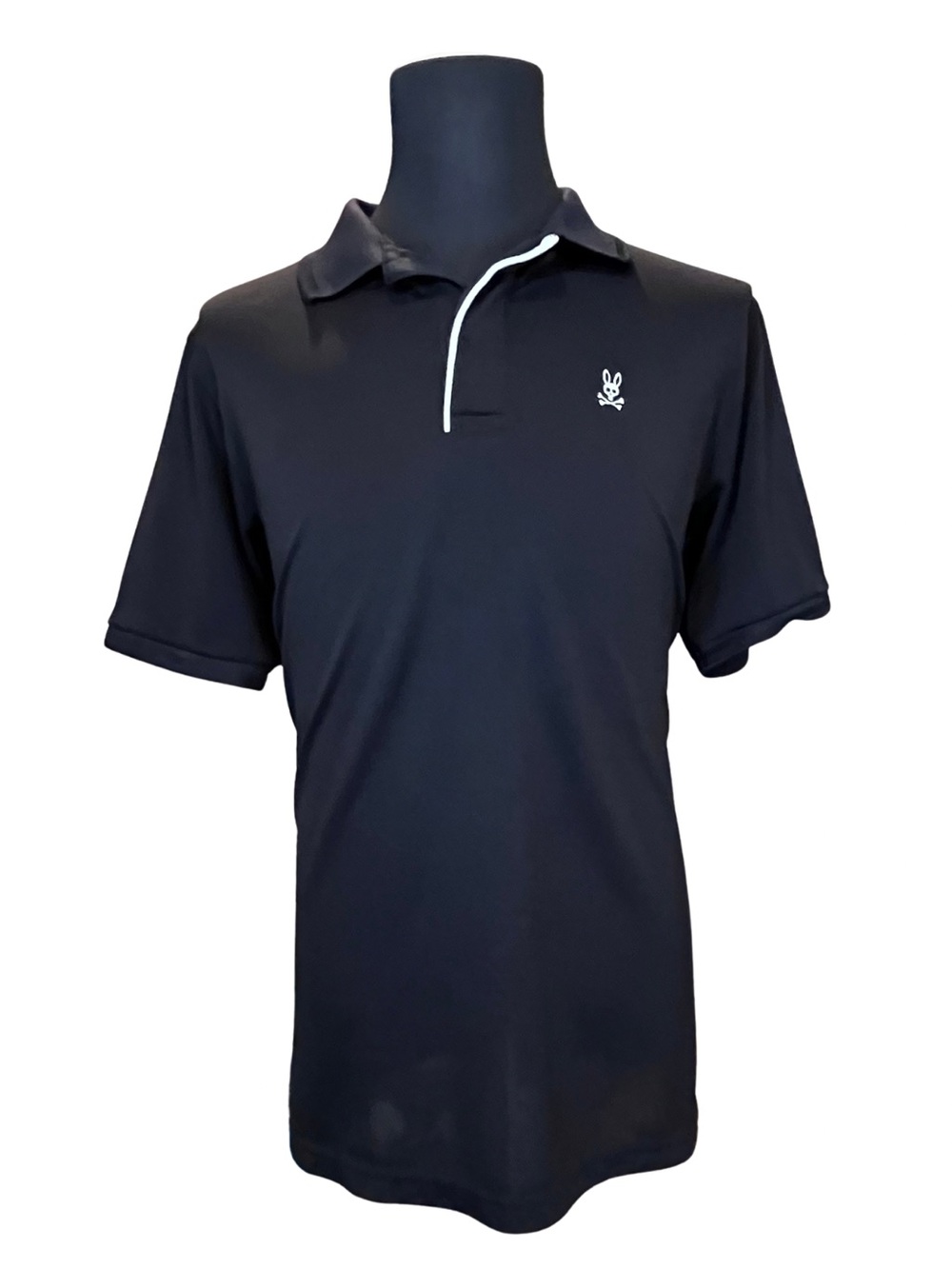PSYCHO BUNNY Men's Short Sleeve Polo Black with White Placket & Logo Sz 6 Large